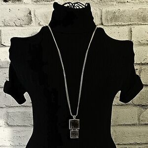 Lia Sophia Long Pendant Necklace – Dual Square Drop on Silver Multi-Strand Chain